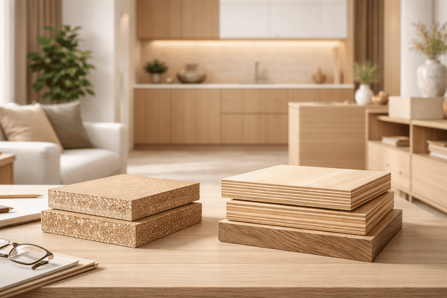 Particle board and plywood panels on a wooden table