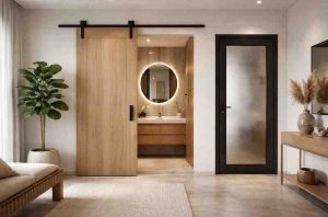 Modern wooden sliding bathroom door design with matte black hardware in a contemporary Indian home interior
