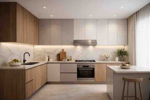 Modern kitchen interior with neutral laminate cabinets, wood finish panels, soft lighting, and minimalist decor in a contemporary Indian home