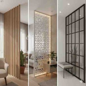 Modern living room with stylish wall partitions.