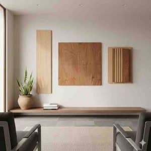 Various plywood sheets showing standard lengths, widths, and thicknesses for home and furniture use.