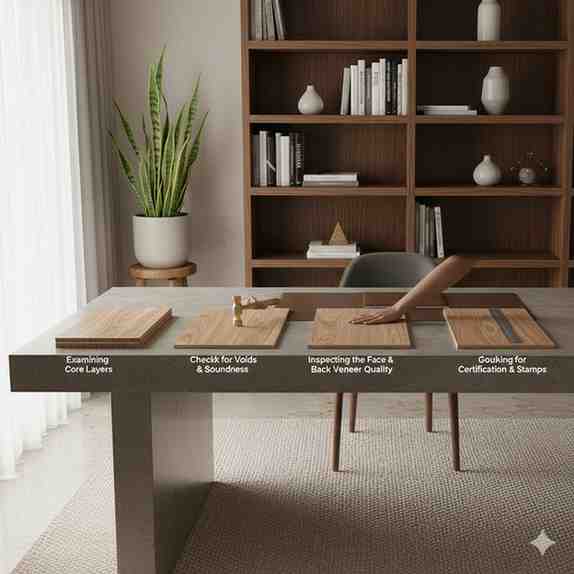 Close-up of plywood edges and surface, demonstrating quality assessment steps.