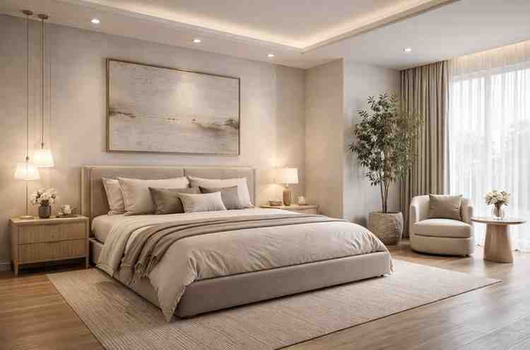 Luxurious modern bedroom interior with upholstered bed, warm lighting, neutral tones, and elegant decor in a contemporary Indian home