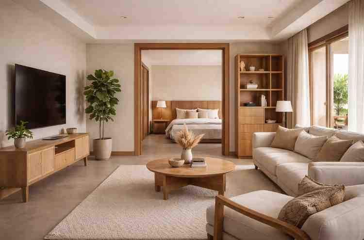 Diagram showing recommended plywood types for different areas of a house, including kitchen, bedroom, and living room.