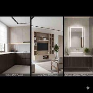 Different types of plywood with labels, helping select the right material for projects.