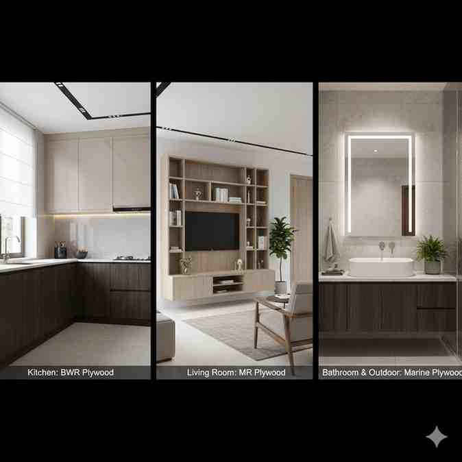 Different types of plywood with labels, helping select the right material for projects.