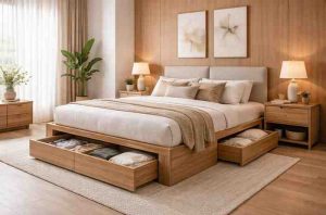 Space-saving plywood box bed with storage design for modern interiors