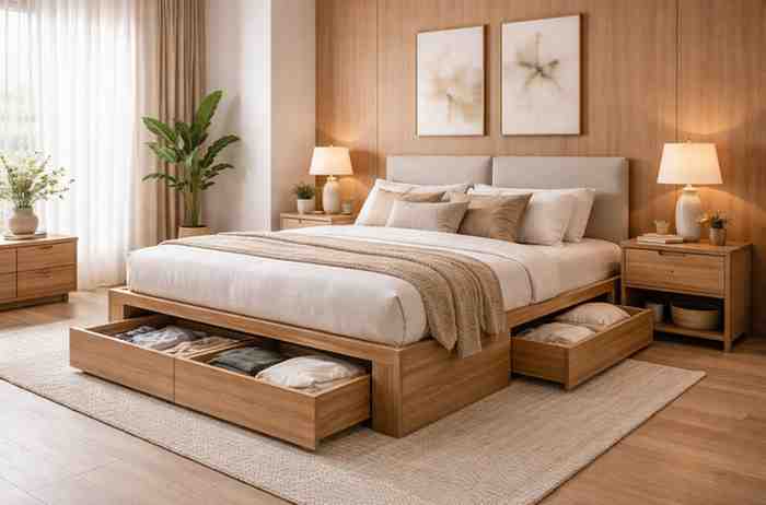 Space-saving plywood box bed with storage design for modern interiors