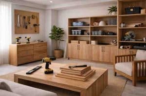 plywood boards stacked for industrial furniture production