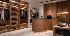 Modern retail shop interior with premium plywood display shelves and counter design, showcasing durable finishes, clean layout, and commercial-grade craftsmanship.