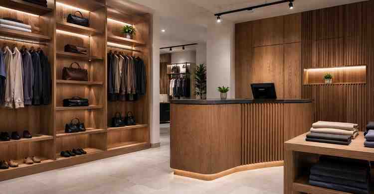 Modern retail shop interior with premium plywood display shelves and counter design, showcasing durable finishes, clean layout, and commercial-grade craftsmanship.