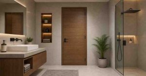 Modern bathroom interior with a high-quality marine plywood door