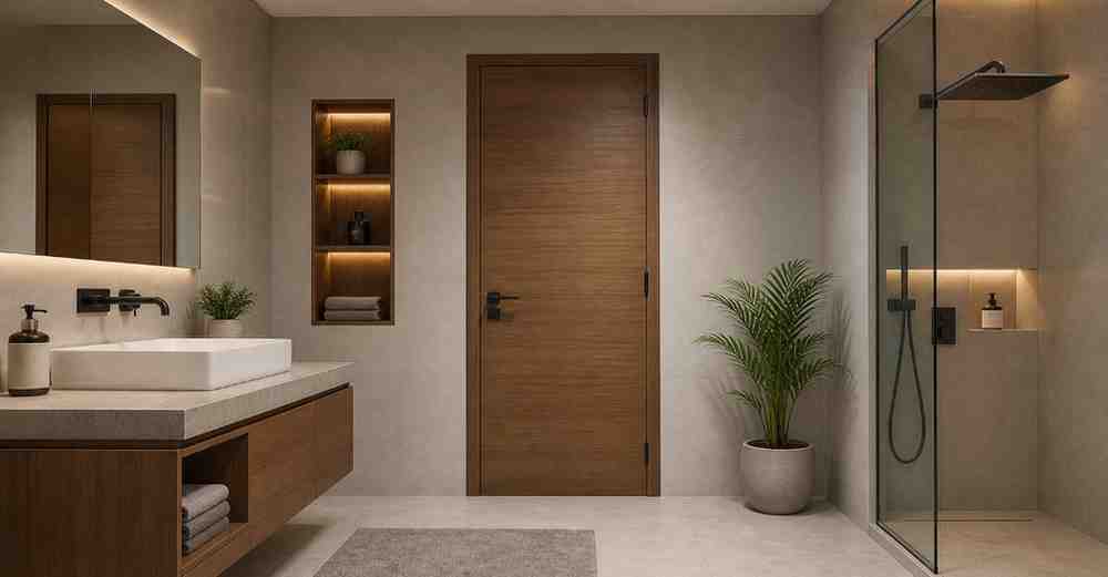 Modern bathroom interior with a high-quality marine plywood door
