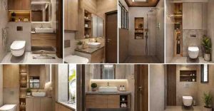 Space-saving bathroom design using waterproof plywood cabinets and wall shelves