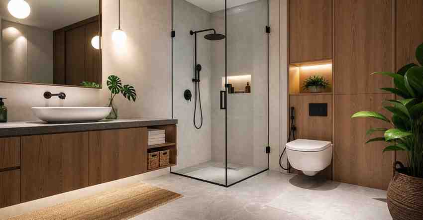 Modern bathroom interior featuring waterproof plywood cabinetry, showcasing BWP, BWR, and marine plywood finishes with moisture-resistant design and elegant textures.