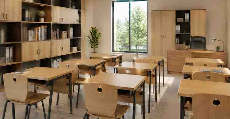 Wigam Ply blockboard furniture for schools and offices showcasing durable desks, cabinets, and modern workspace interiors